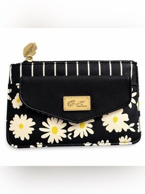Betsey Johnson Black Floral Daisy Zip Wallet with Gold Accent